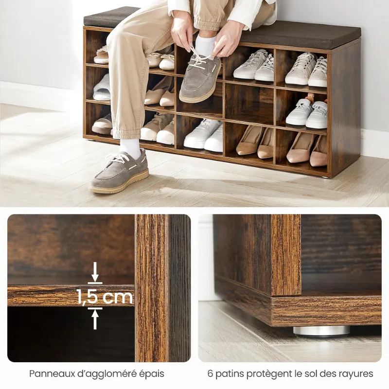 Banc à Chaussures Design Rustique Décoratif avec Coussin | Rangement 15 Compartiments