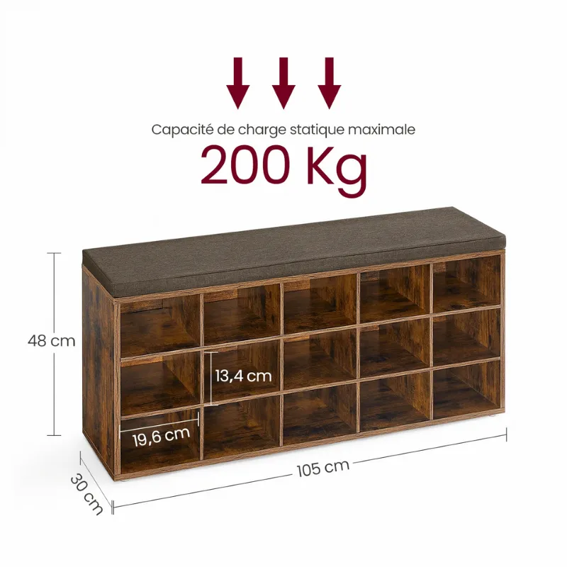 Banc à Chaussures Design Rustique Décoratif avec Coussin | Rangement 15 Compartiments