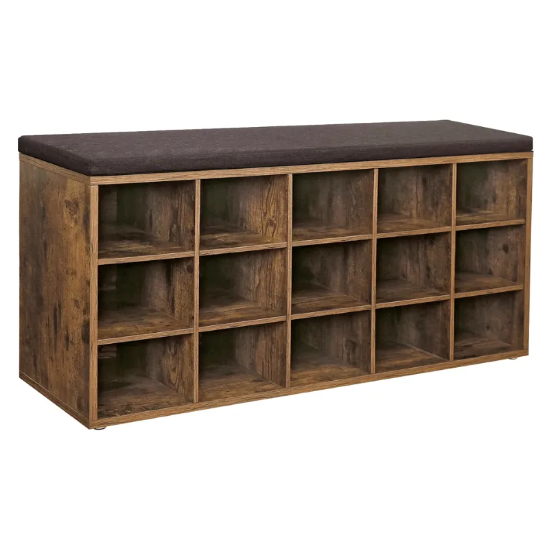 Banc à Chaussures Design Rustique Décoratif avec Coussin | Rangement 15 Compartiments
