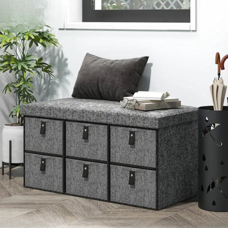 Banc à Chaussures Rembourré Gris | Design Moderne avec 6 Tiroirs de Rangement
