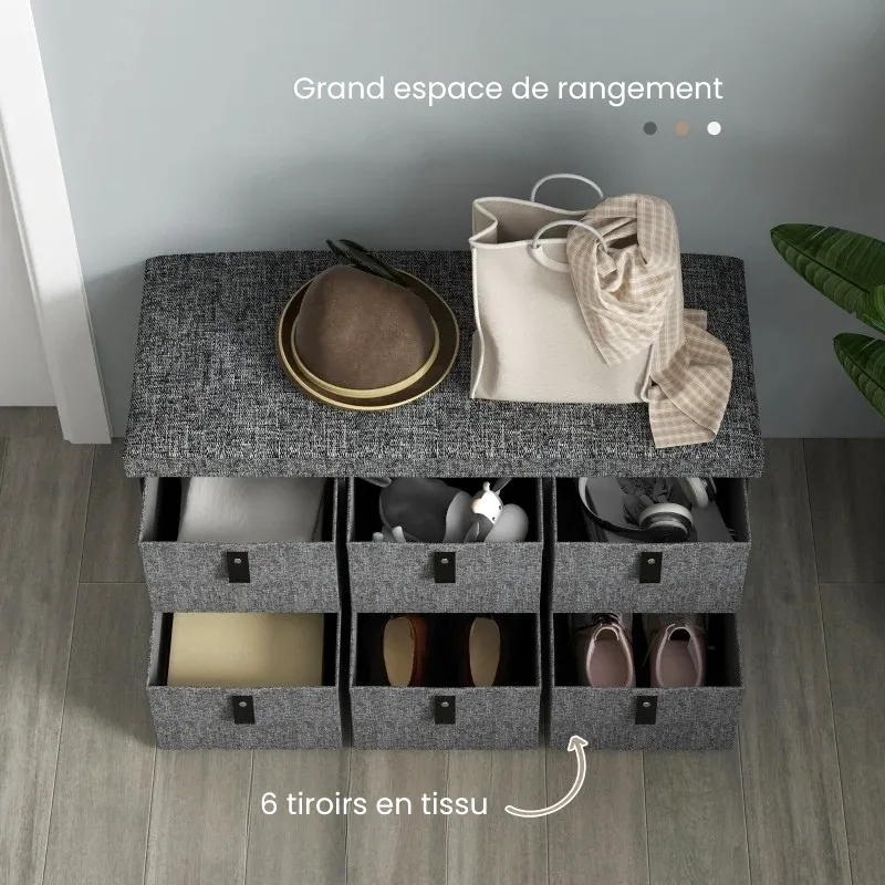 Banc à Chaussures Rembourré Gris | Design Moderne avec 6 Tiroirs de Rangement