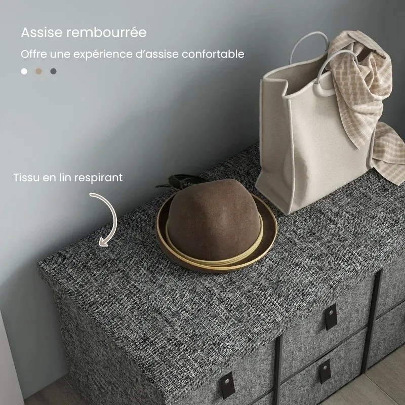 Banc à Chaussures Rembourré Gris | Design Moderne avec 6 Tiroirs de Rangement