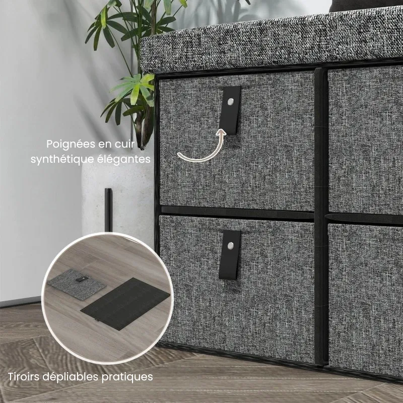 Banc à Chaussures Rembourré Gris | Design Moderne avec 6 Tiroirs de Rangement