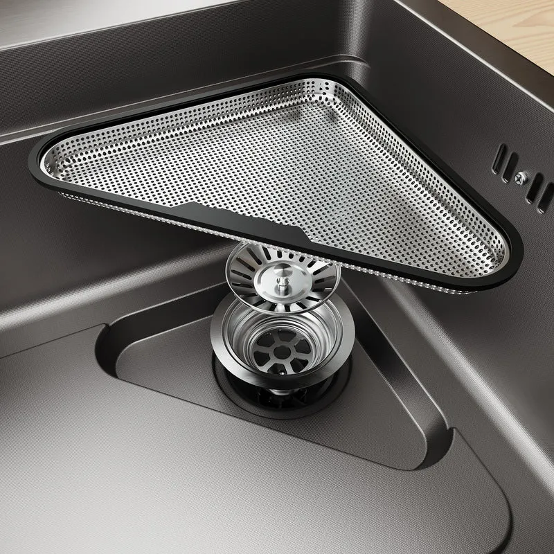 Évier de cuisine en acier inoxydable 304 SUS à 1 cuve, évier encastrable à une cuve avec panier à déchets triangulaire côté étroit, Noir, 70×43cm