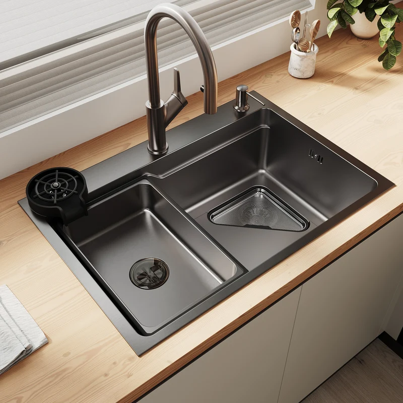 Évier de cuisine en acier inoxydable 304 SUS à 1 cuve, évier encastrable à une cuve avec panier à déchets triangulaire, Noir, 70×48cm