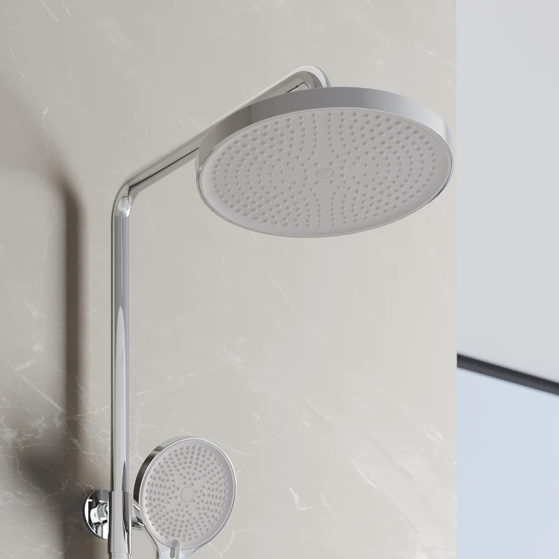 Colonne de Douche avec Thermostat à Verrouillage de Sécurité, 3 Modes et Double Tête à Bouton, Acier Inoxydable Chromé