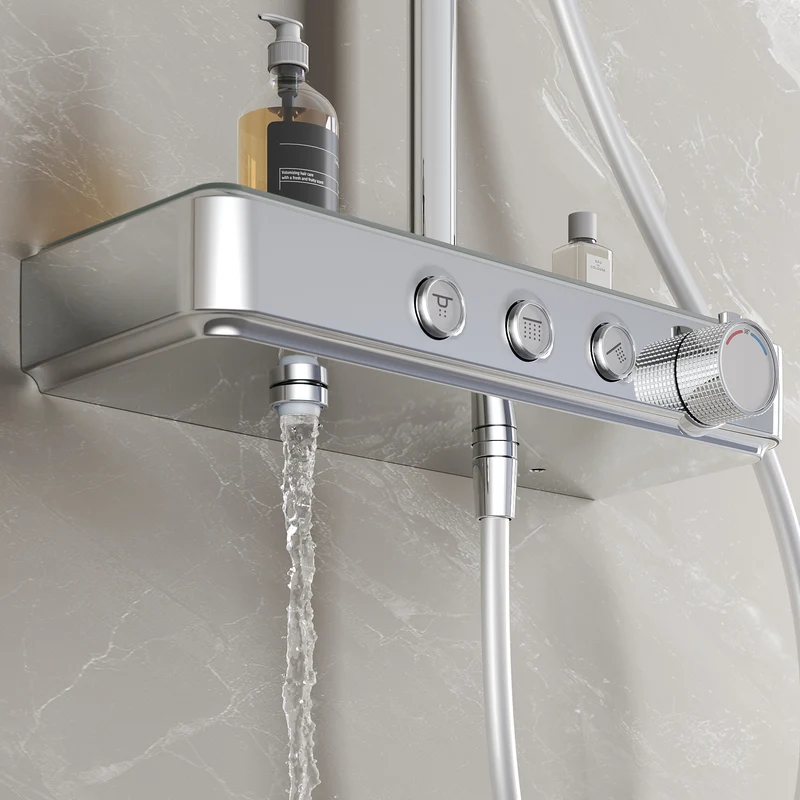Colonne de Douche avec Thermostat à Verrouillage de Sécurité, 3 Modes et Double Tête à Bouton, Acier Inoxydable Chromé