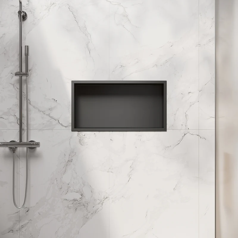 Niche murale de douche en acier inoxydable, niche de douche encastrée, étagère individuelle de stockage pour salle de bains, pas de carrelage nécessaire, 60 x 30 x 10 cm, noir