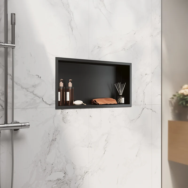 Niche murale de douche en acier inoxydable, niche de douche encastrée, étagère individuelle de stockage pour salle de bains, pas de carrelage nécessaire, 60 x 30 x 10 cm, noir