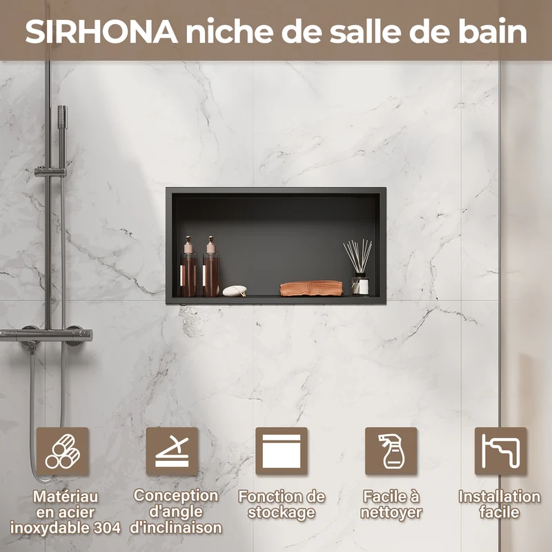 Niche murale de douche en acier inoxydable, niche de douche encastrée, étagère individuelle de stockage pour salle de bains, pas de carrelage nécessaire, 60 x 30 x 10 cm, noir