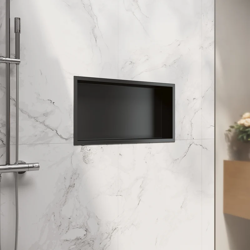 Niche murale de douche en acier inoxydable, niche de douche encastrée, étagère individuelle de stockage pour salle de bains, pas de carrelage nécessaire, 60 x 30 x 10 cm, noir