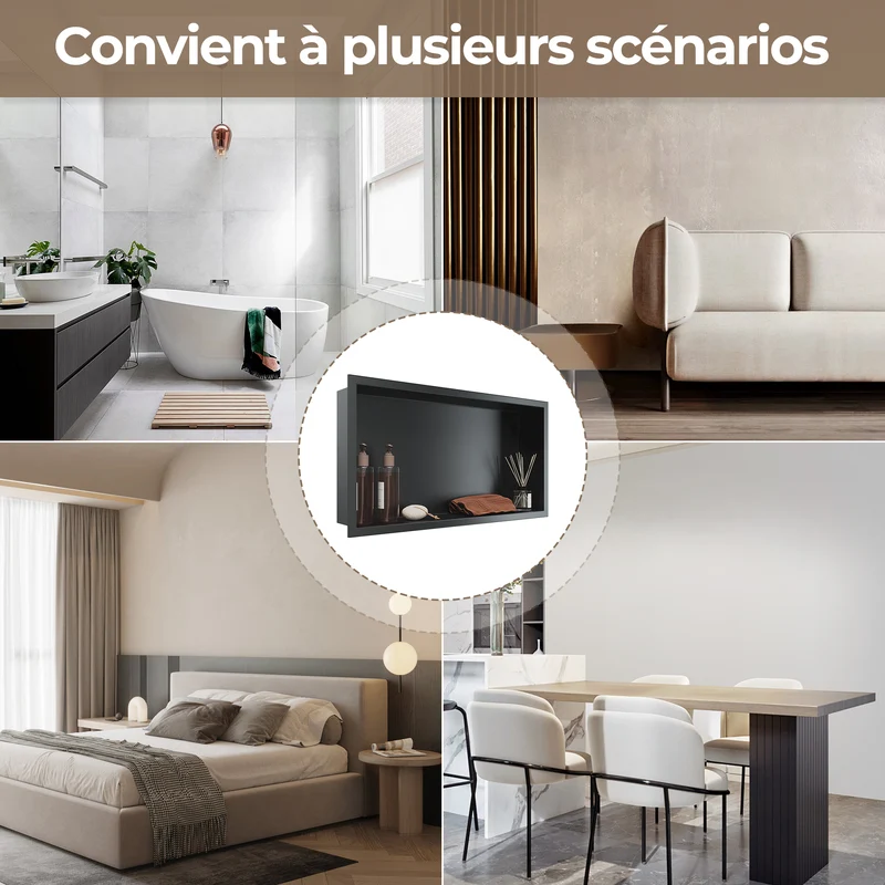 Niche murale de douche en acier inoxydable, niche de douche encastrée, étagère individuelle de stockage pour salle de bains, pas de carrelage nécessaire, 60 x 30 x 10 cm, noir