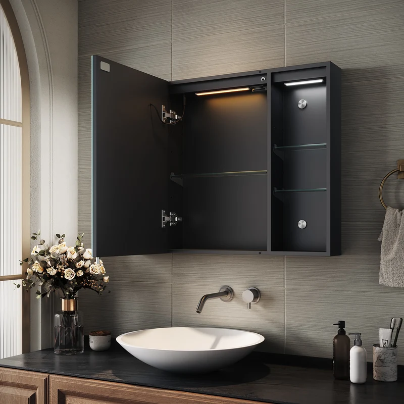 SIRHONA Armoire de Toilette Miroir, Armoire Murale avec Éclairage LED et Prises de Courant, Interrupteurs à Commande Tactile, 80 x 60 x 13cm
