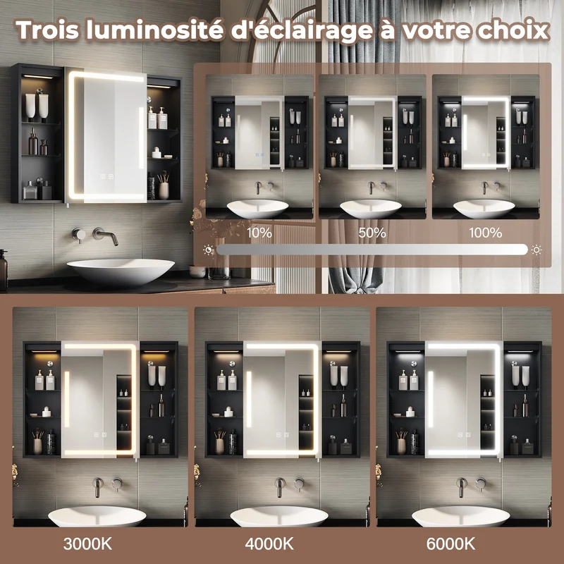 SIRHONA Armoire de Toilette Miroir, Armoire Murale avec Éclairage LED et Prises de Courant, Interrupteurs à Commande Tactile, 80 x 60 x 13cm