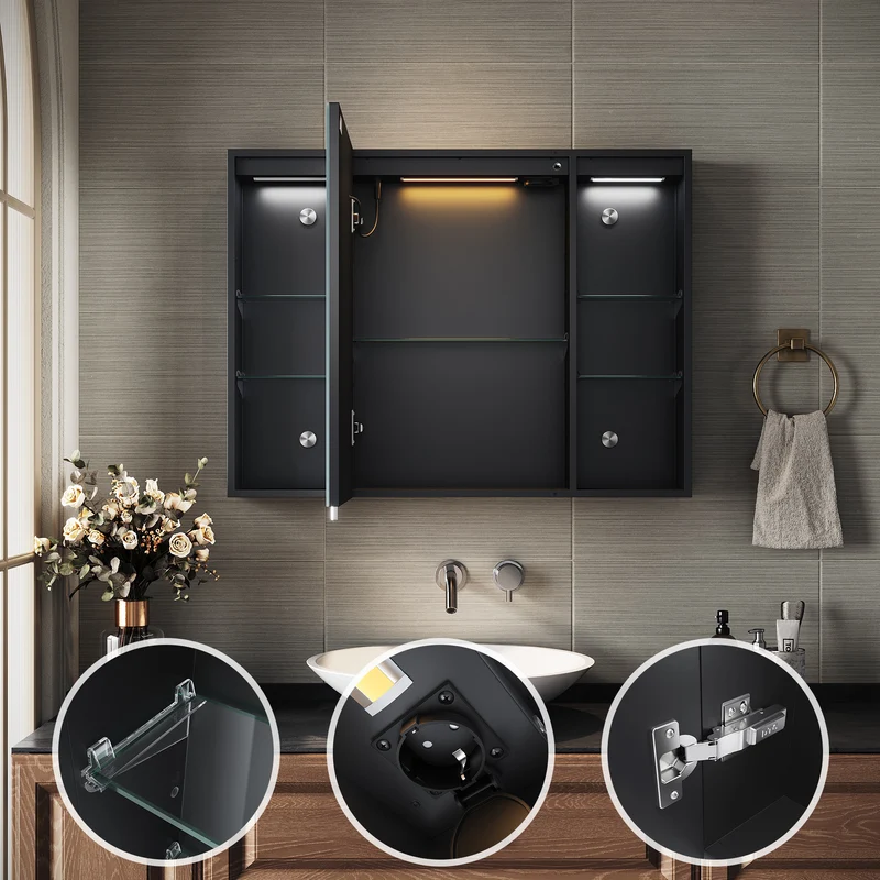 SIRHONA Armoire de Toilette Miroir, Armoire Murale avec Éclairage LED et Prises de Courant, Interrupteurs à Commande Tactile, 80 x 60 x 13cm
