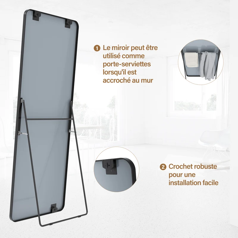 SIRHONA Miroir de maquillage moderne installation murale ou verticale 1600 x 600 x 28mm