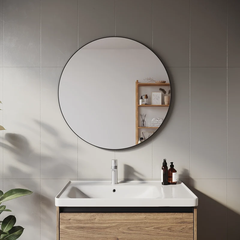 SIRHONA Miroir de maquillage avec cadre noir 800 x 800 x 35 mm, miroir rond mural