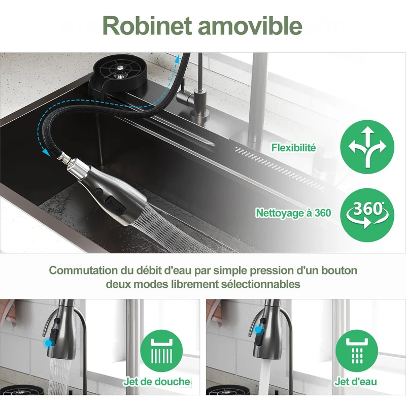SIRHONA 1 Bac Évier de Cuisine Noir Multifonctionnel à Encastrer Avec Robinet de Poisson Volant Rétractable & Affichage de la Température 80x45cm