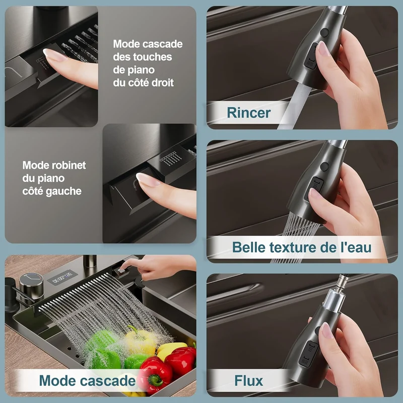 SIRHONA 1 Bac Évier de Cuisine Noir Multifonctionnel à Encastrer Avec Robinet de Poisson Volant Rétractable & Affichage de la Température 75x45cm