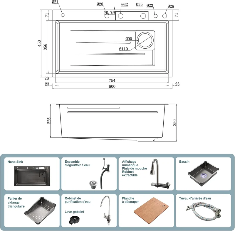SIRHONA 1 Bac Évier de Cuisine Noir Multifonctionnel à Encastrer Avec Robinet de Poisson Volant Rétractable & Affichage de la Température 80x45cm