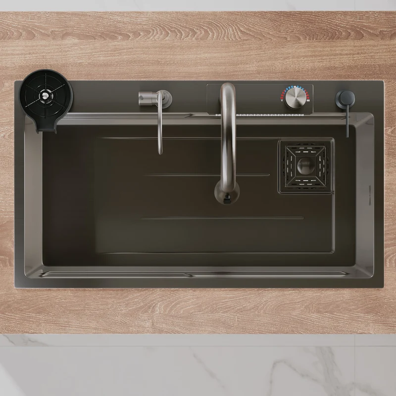 SIRHONA Évier de Cuisine Multifonctionnel Cascade Noir Avec Robinet de Poisson Volant Rétractable 75x45cm