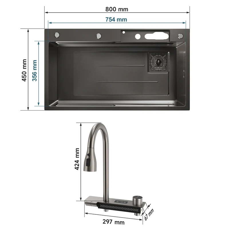 SIRHONA Évier de Cuisine Multifonctionnel Cascade Noir Avec Robinet de Poisson Volant Rétractable 80x45cm