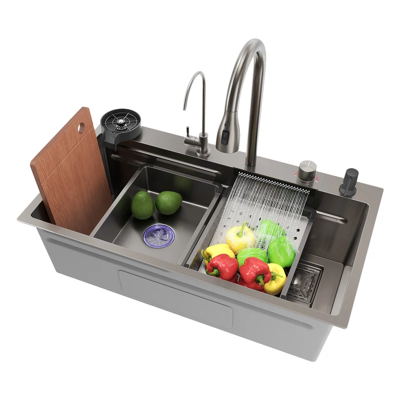 SIRHONA Évier de Cuisine Multifonctionnel Cascade Noir Avec Robinet de Poisson Volant Rétractable 75x45cm