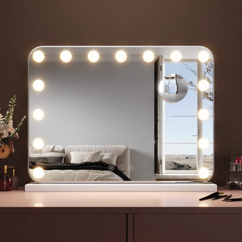 SIRHONA Miroir Mural Miroir Maquillage 58x43cm avec lumière RGB et ampoule LED Miroir Hollywood 3 couleurs