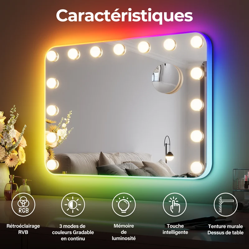 SIRHONA Miroir Mural Miroir Maquillage 58x43cm avec lumière RGB et ampoule LED Miroir Hollywood 3 couleurs