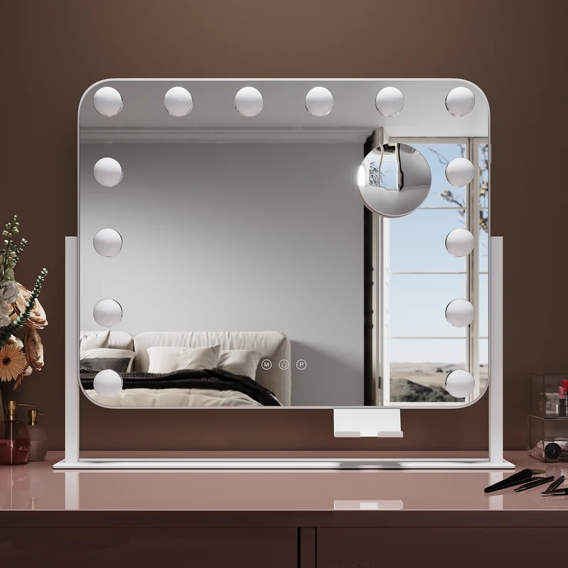 SIRHONA Miroir rotatif à 360° 50x40cm avec 14 ampoules LED Miroir Hollywood 3 couleurs luminosité réglable