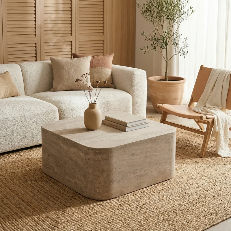 Table basse travertin 80cm – Bords arrondis