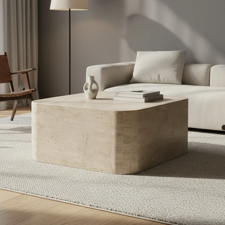 Table basse travertin 80cm – Bords arrondis