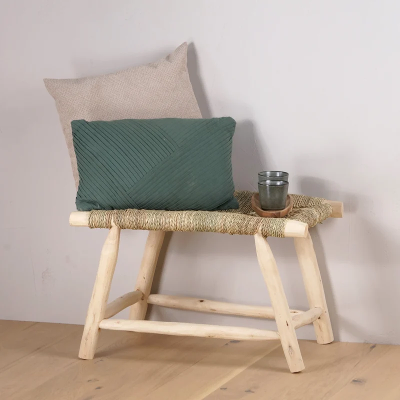 Banc ethnique en bois et tressage naturel 60cm