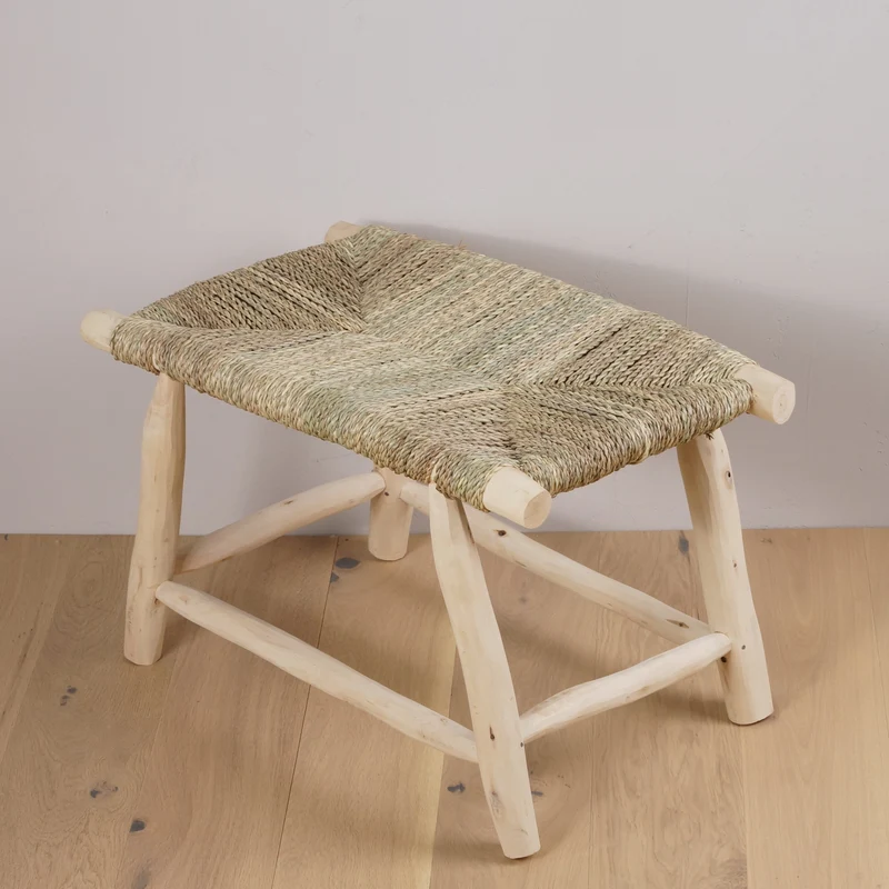 Banc ethnique en bois et tressage naturel 60cm