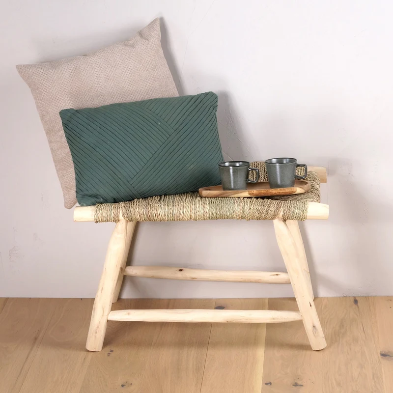 Banc ethnique en bois et tressage naturel 60cm