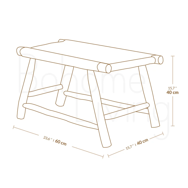Banc ethnique en bois et tressage naturel 60cm