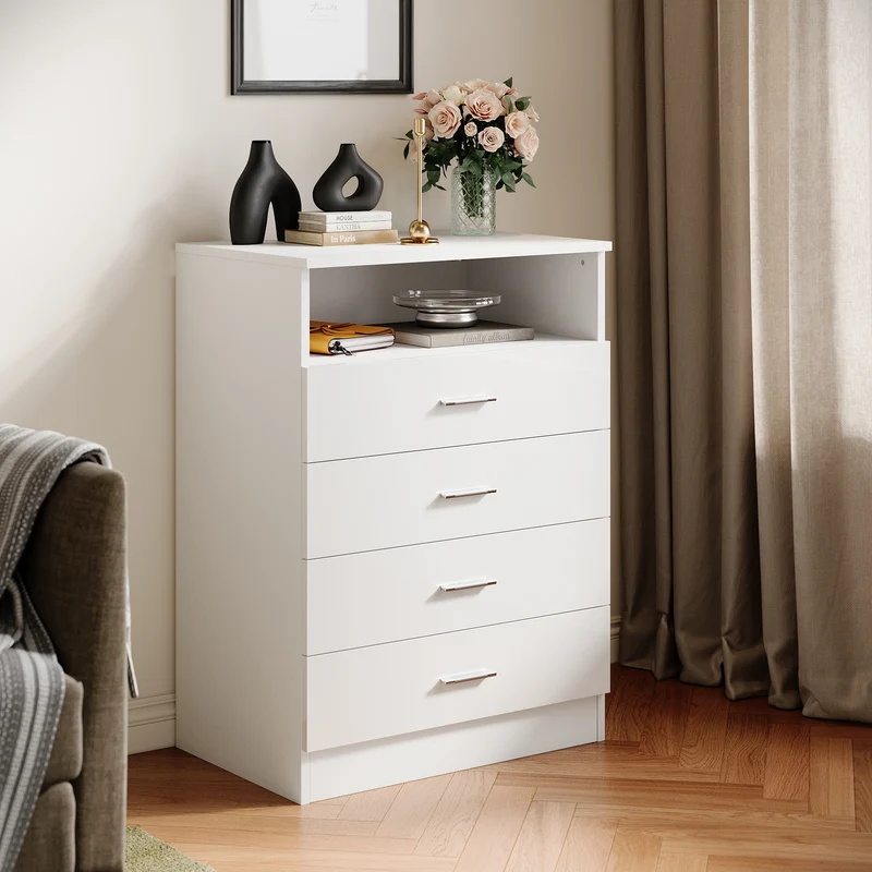 SIRHONA Commode Verticale LED 4 Tiroirs Blanche Brillante W 60 x D 40 x H 83 cm