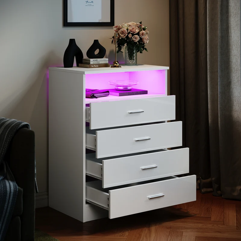 SIRHONA Commode Verticale LED 4 Tiroirs Blanche Brillante W 60 x D 40 x H 83 cm