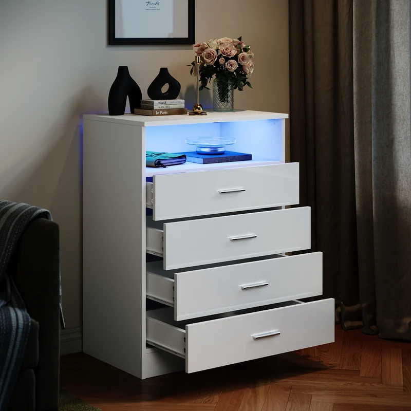 SIRHONA Commode Verticale LED 4 Tiroirs Blanche Brillante W 60 x D 40 x H 83 cm