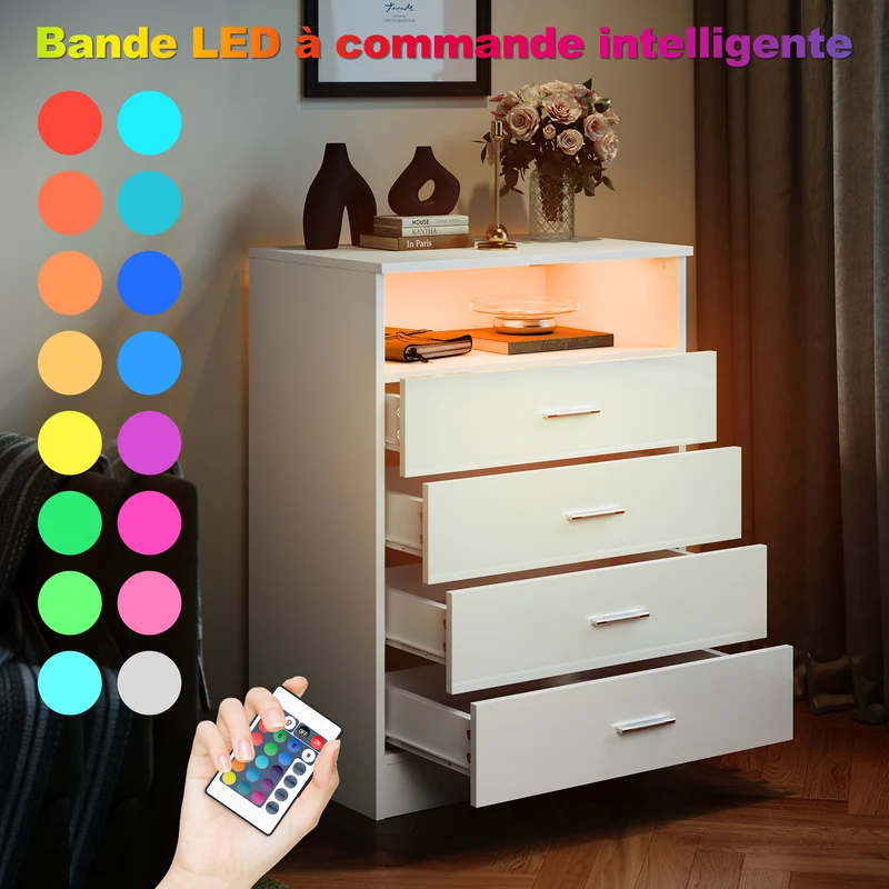 SIRHONA Commode Verticale LED 4 Tiroirs Blanche Brillante W 60 x D 40 x H 83 cm