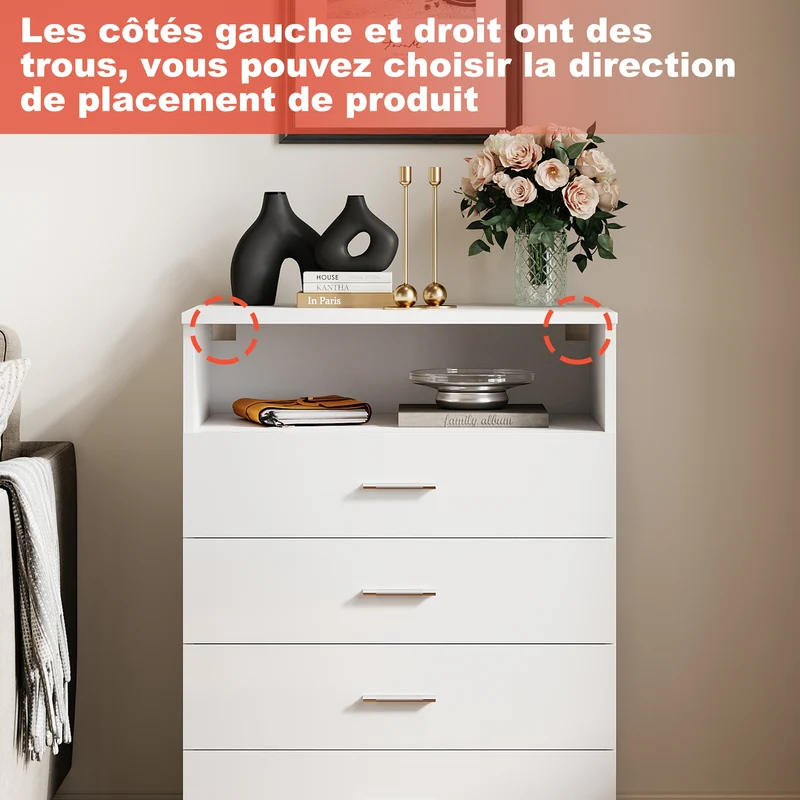 SIRHONA Commode Verticale LED 4 Tiroirs Blanche Brillante W 60 x D 40 x H 83 cm
