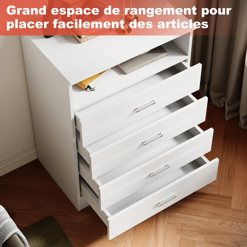 SIRHONA Commode Verticale LED 4 Tiroirs Blanche Brillante W 60 x D 40 x H 83 cm