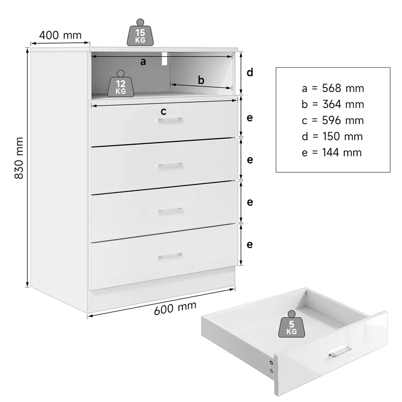 SIRHONA Commode Verticale LED 4 Tiroirs Blanche Brillante W 60 x D 40 x H 83 cm