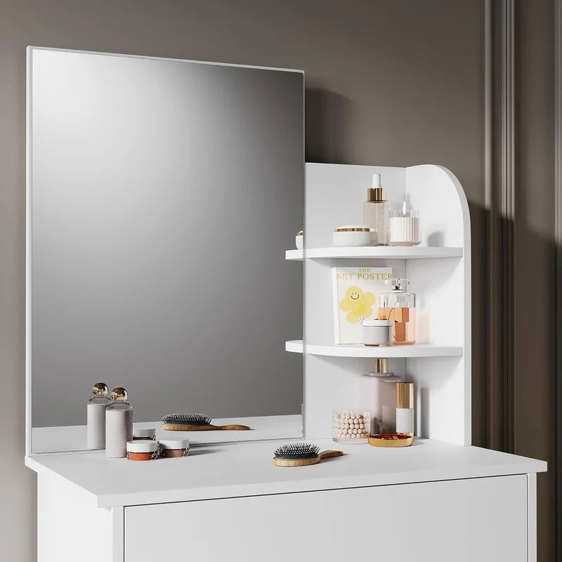 SIRHONA Coiffeuse avec Miroir, Table de maquillage avec 1 tiroir et 3 Compartiments Ouverts, Blanc + 10 Ampoules LED (3 couleurs)