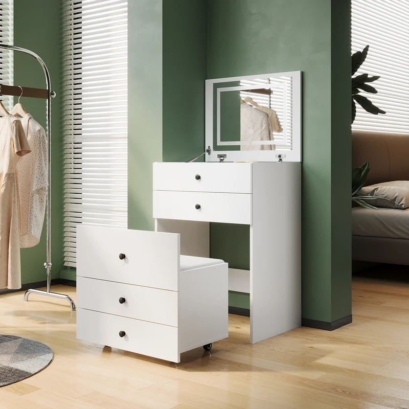 SIRHONA Coiffeuse multifonctionnelle avec chaise dissimulée et rangement divisé 59.2×42.6×127cm