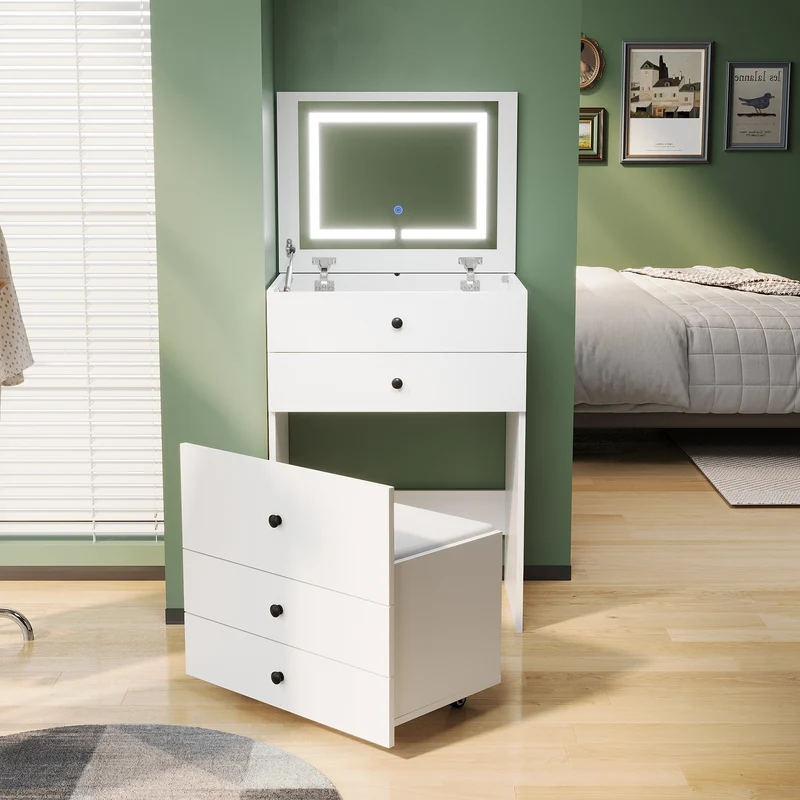 SIRHONA Coiffeuse multifonctionnelle avec chaise dissimulée et rangement divisé 59.2×42.6×127cm