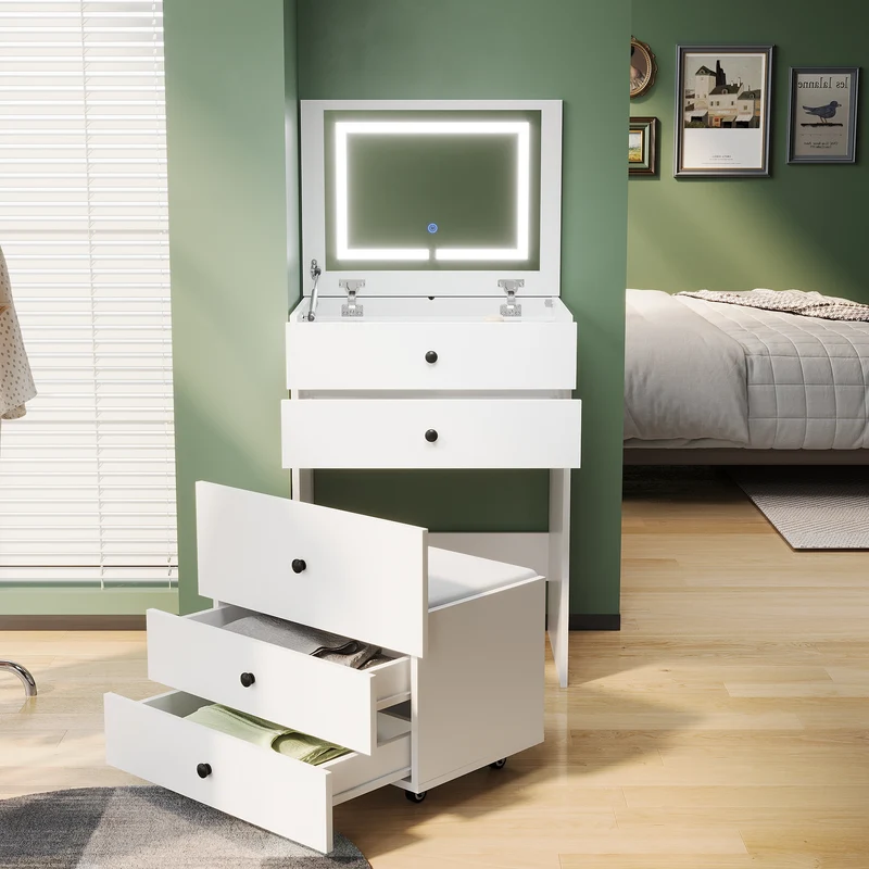 SIRHONA Coiffeuse multifonctionnelle avec chaise dissimulée et rangement divisé 59.2×42.6×127cm