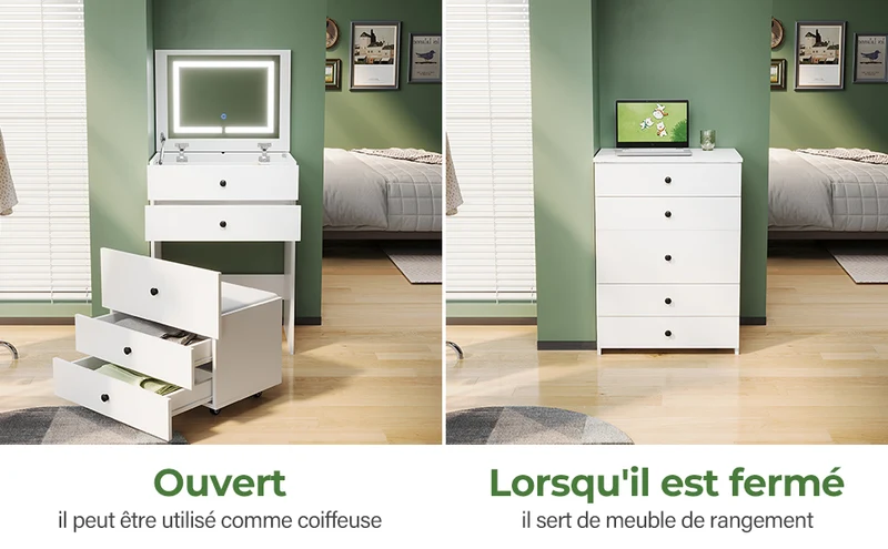 SIRHONA Coiffeuse multifonctionnelle avec chaise dissimulée et rangement divisé 59.2×42.6×127cm