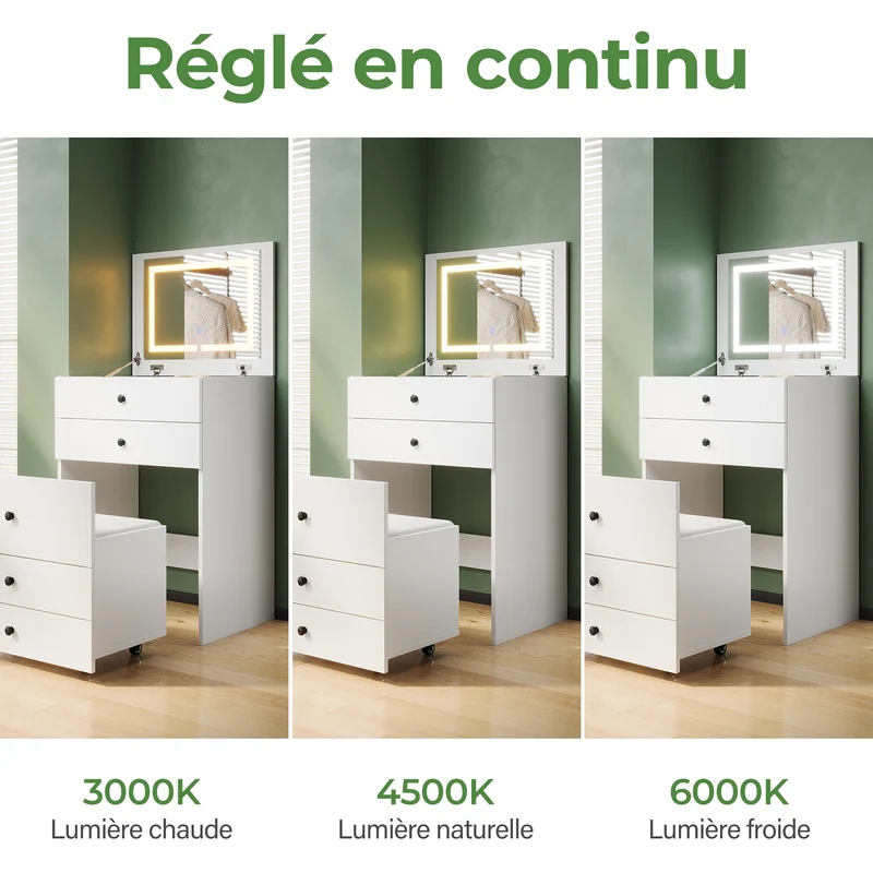SIRHONA Coiffeuse multifonctionnelle avec chaise dissimulée et rangement divisé 59.2×42.6×127cm