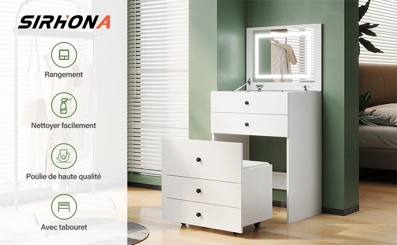 SIRHONA Coiffeuse multifonctionnelle avec chaise dissimulée et rangement divisé 59.2×42.6×127cm